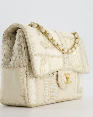 Chanel Cream Tweed and Patent Leather Patchwork Jumbo Single Flap Bag with Brushed Gold Hardware