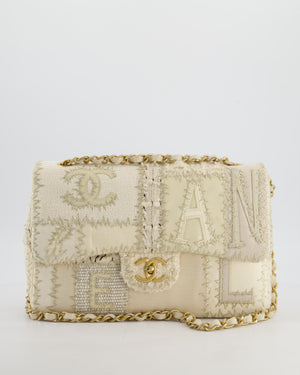 Chanel Cream Tweed and Patent Leather Patchwork Jumbo Single Flap Bag with Brushed Gold Hardware