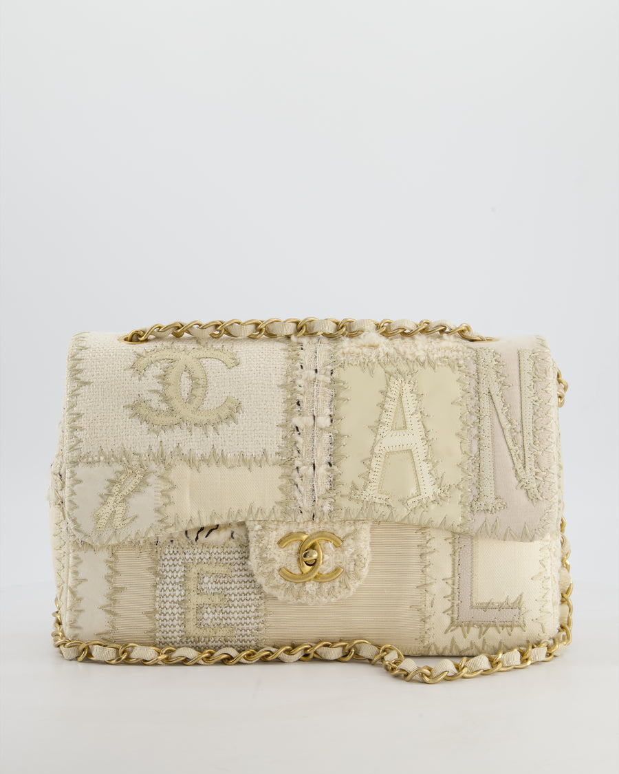Chanel Cream Tweed and Patent Leather Patchwork Jumbo Single Flap Bag with Brushed Gold Hardware