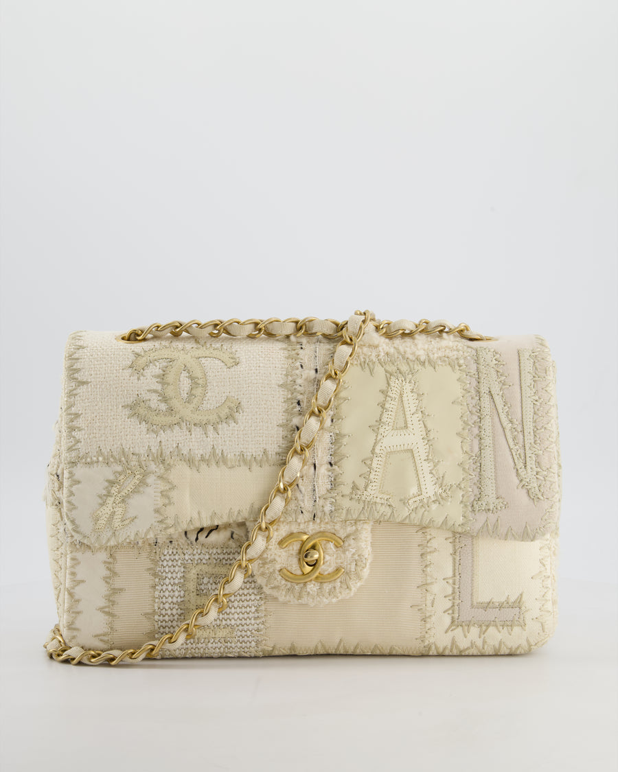Chanel Cream Tweed and Patent Leather Patchwork Jumbo Single Flap Bag with Brushed Gold Hardware