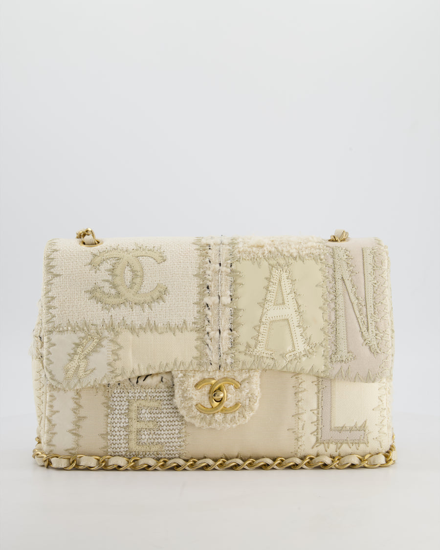 Chanel Cream Tweed and Patent Leather Patchwork Jumbo Single Flap Bag with Brushed Gold Hardware