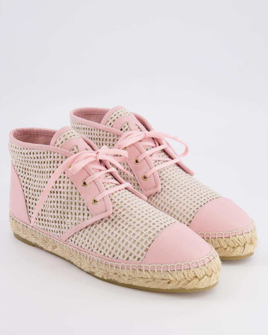 Chanel Pink and Beige Woven Espadrille Lace Up Shoes with CC Logo Detail Size EU 39C
