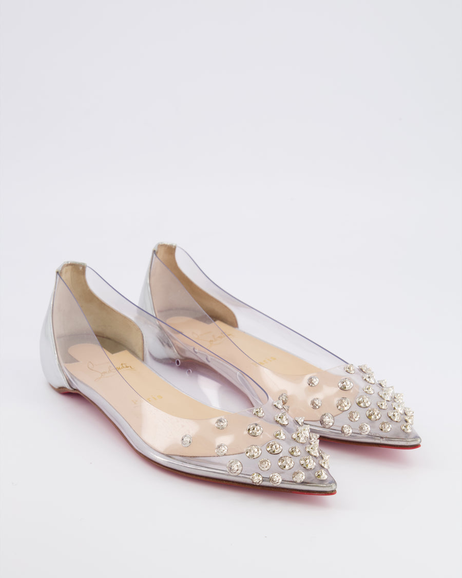 Christian Louboutin Silver Collaclou PVC Pointed Flats with Studs and Silver Patent Leather Detail Size EU 39