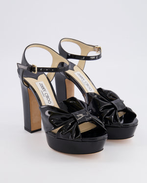 Jimmy Choo Black Patent Leather Heloise 120 Heeled Platform Sandals with Bow Detail Size EU 38.5 RRP £795