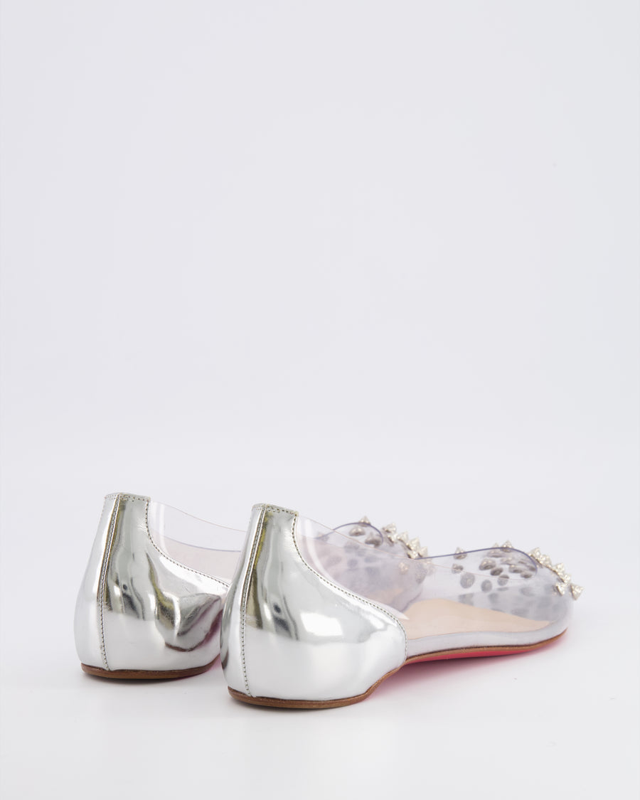 Christian Louboutin Silver Collaclou PVC Pointed Flats with Studs and Silver Patent Leather Detail Size EU 39