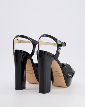 Jimmy Choo Black Patent Leather Heloise 120 Heeled Platform Sandals with Bow Detail Size EU 38.5 RRP £795