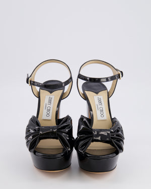 Jimmy Choo Black Patent Leather Heloise 120 Heeled Platform Sandals with Bow Detail Size EU 38.5 RRP £795