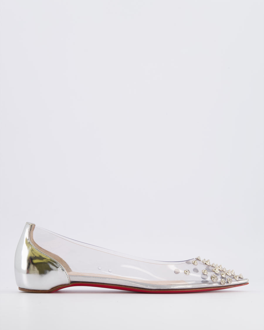Christian Louboutin Silver Collaclou PVC Pointed Flats with Studs and Silver Patent Leather Detail Size EU 39