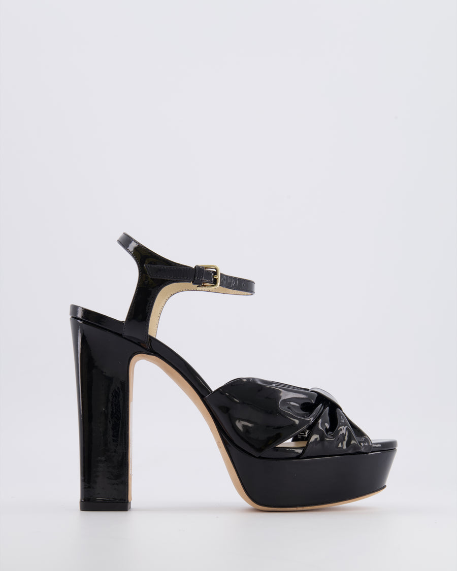 Jimmy Choo Black Patent Leather Heloise 120 Heeled Platform Sandals with Bow Detail Size EU 38.5 RRP £795