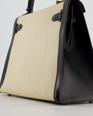 *COLLECTORS PIECE* Hermès Vintage Kelly 32 Sellier Bag in Black Box Leather and Parchemin Crinoline with Gold Hardware