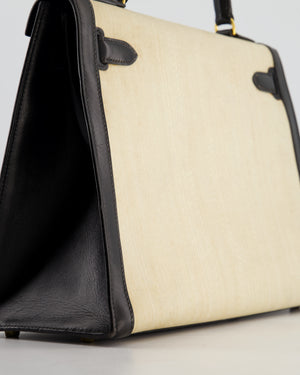 *COLLECTORS PIECE* Hermès Vintage Kelly 32 Sellier Bag in Black Box Leather and Parchemin Crinoline with Gold Hardware