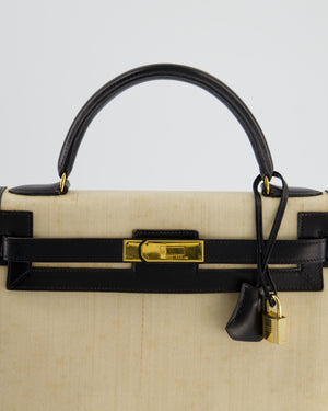 *COLLECTORS PIECE* Hermès Vintage Kelly 32 Sellier Bag in Black Box Leather and Parchemin Crinoline with Gold Hardware