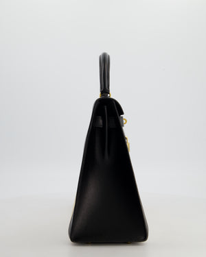 *COLLECTORS PIECE* Hermès Vintage Kelly 32 Sellier Bag in Black Box Leather and Parchemin Crinoline with Gold Hardware