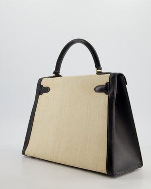 *COLLECTORS PIECE* Hermès Vintage Kelly 32 Sellier Bag in Black Box Leather and Parchemin Crinoline with Gold Hardware