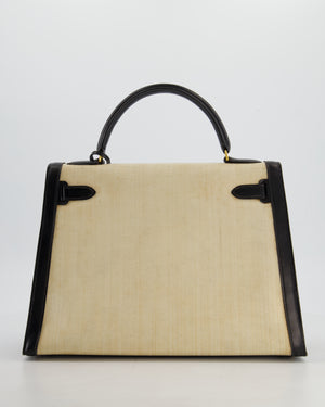 *COLLECTORS PIECE* Hermès Vintage Kelly 32 Sellier Bag in Black Box Leather and Parchemin Crinoline with Gold Hardware