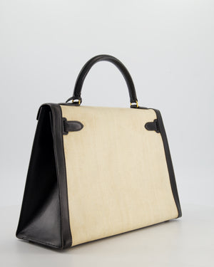 *COLLECTORS PIECE* Hermès Vintage Kelly 32 Sellier Bag in Black Box Leather and Parchemin Crinoline with Gold Hardware