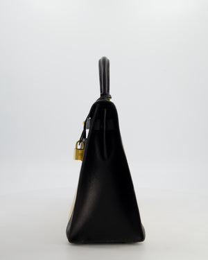 *COLLECTORS PIECE* Hermès Vintage Kelly 32 Sellier Bag in Black Box Leather and Parchemin Crinoline with Gold Hardware