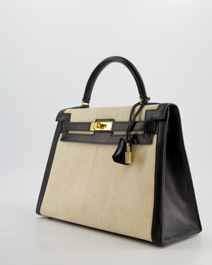 *COLLECTORS PIECE* Hermès Vintage Kelly 32 Sellier Bag in Black Box Leather and Parchemin Crinoline with Gold Hardware