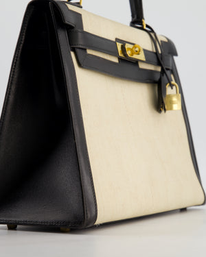 *COLLECTORS PIECE* Hermès Vintage Kelly 32 Sellier Bag in Black Box Leather and Parchemin Crinoline with Gold Hardware