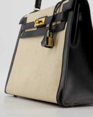 *COLLECTORS PIECE* Hermès Vintage Kelly 32 Sellier Bag in Black Box Leather and Parchemin Crinoline with Gold Hardware