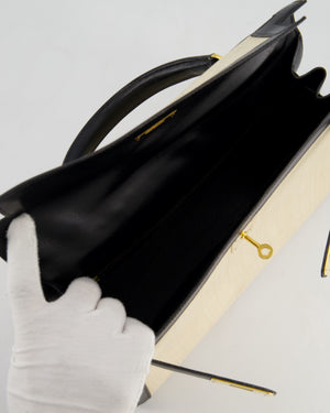 *COLLECTORS PIECE* Hermès Vintage Kelly 32 Sellier Bag in Black Box Leather and Parchemin Crinoline with Gold Hardware