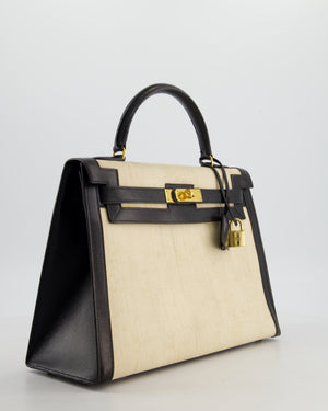 *COLLECTORS PIECE* Hermès Vintage Kelly 32 Sellier Bag in Black Box Leather and Parchemin Crinoline with Gold Hardware