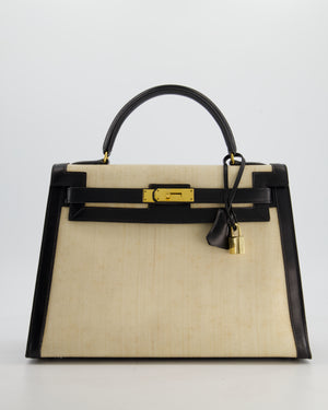 *COLLECTORS PIECE* Hermès Vintage Kelly 32 Sellier Bag in Black Box Leather and Parchemin Crinoline with Gold Hardware