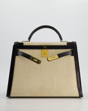 *COLLECTORS PIECE* Hermès Vintage Kelly 32 Sellier Bag in Black Box Leather and Parchemin Crinoline with Gold Hardware