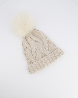 Loro Piana Beige and Gold Beanie Hat with Fox Fur Pom Pom