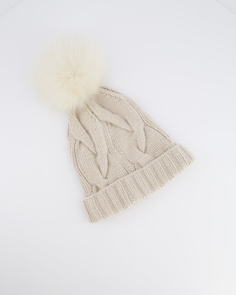 Loro Piana Beige and Gold Beanie Hat with Fox Fur Pom Pom