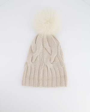 Loro Piana Beige and Gold Beanie Hat with Fox Fur Pom Pom