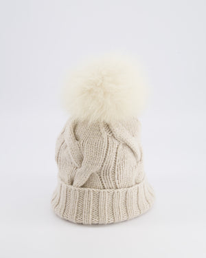 Loro Piana Beige and Gold Beanie Hat with Fox Fur Pom Pom