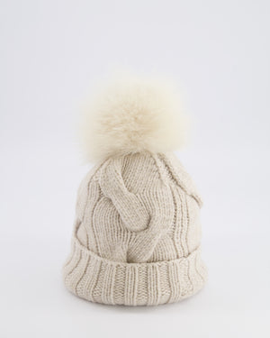 Loro Piana Beige and Gold Beanie Hat with Fox Fur Pom Pom