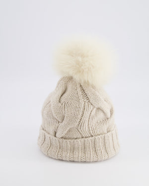 Loro Piana Beige and Gold Beanie Hat with Fox Fur Pom Pom
