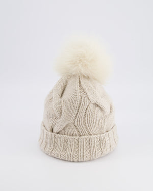 Loro Piana Beige and Gold Beanie Hat with Fox Fur Pom Pom