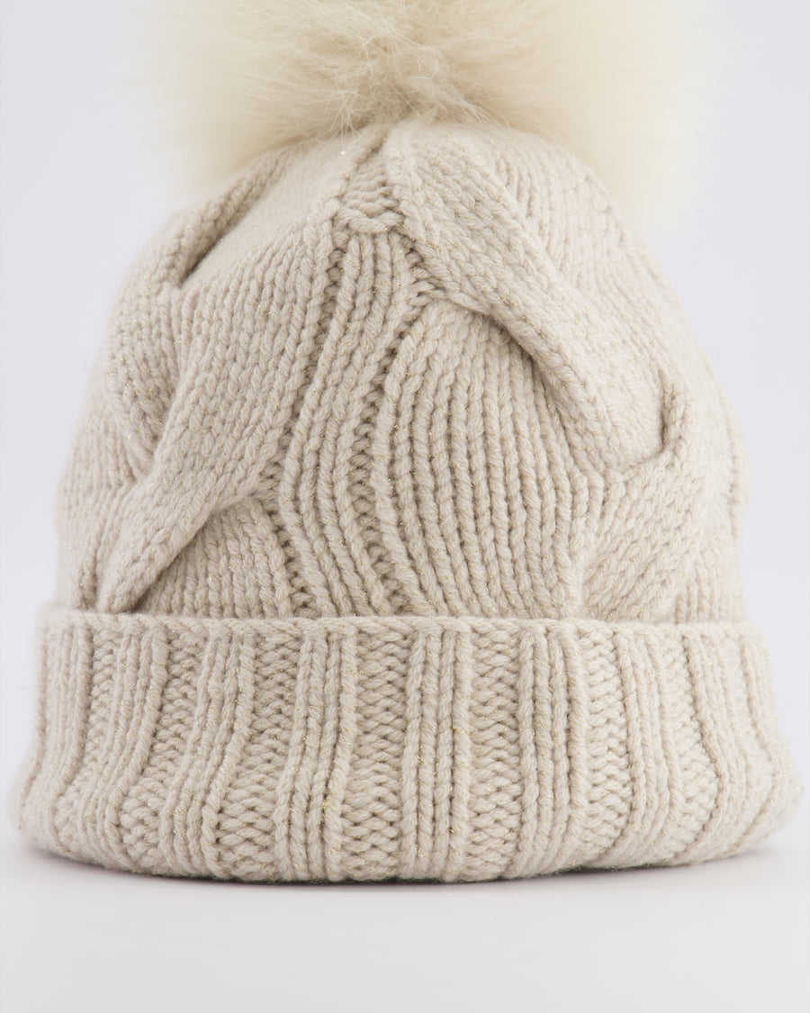Loro Piana Beige and Gold Beanie Hat with Fox Fur Pom Pom