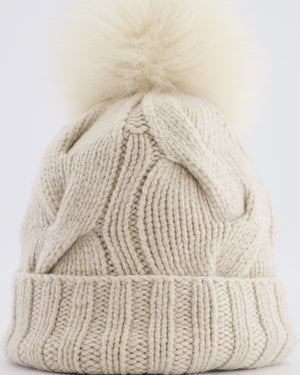 Loro Piana Beige and Gold Beanie Hat with Fox Fur Pom Pom