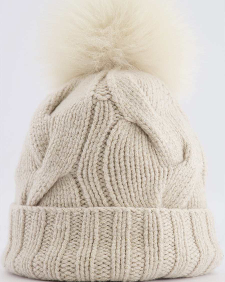 Loro Piana Beige and Gold Beanie Hat with Fox Fur Pom Pom
