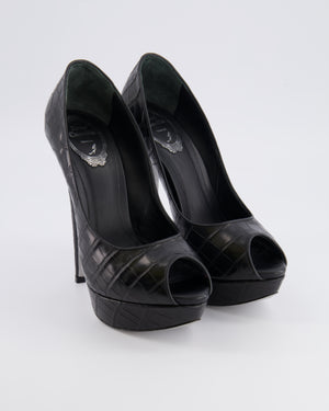 Rene Caovilla Black Croc Embossed Leather Platform Heeled Pumps with Peep-Toe Detail Size EU 39