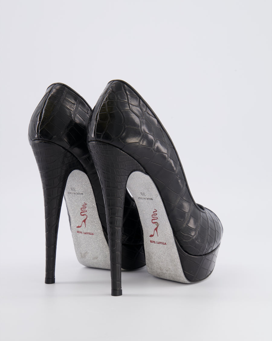 Rene Caovilla Black Croc Embossed Leather Platform Heeled Pumps with Peep-Toe Detail Size EU 39