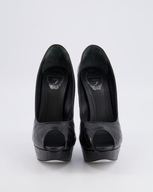 Rene Caovilla Black Croc Embossed Leather Platform Heeled Pumps with Peep-Toe Detail Size EU 39
