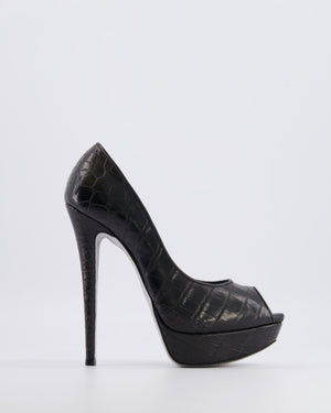 Rene Caovilla Black Croc Embossed Leather Platform Heeled Pumps with Peep-Toe Detail Size EU 39