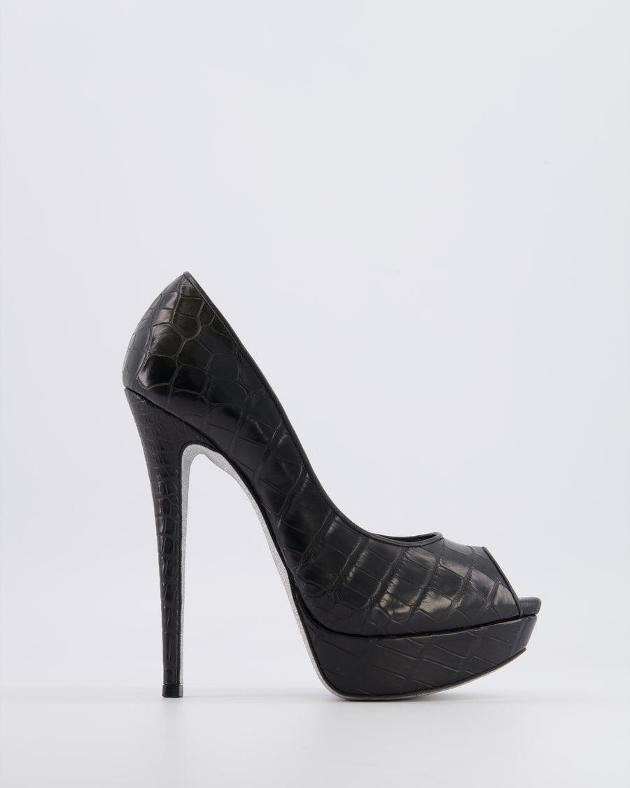 Rene Caovilla Black Croc Embossed Leather Platform Heeled Pumps with Peep-Toe Detail Size EU 39