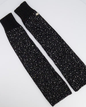 Chanel Black and Multi-Colour Wool Knitted Long Mitten Gloves with Silver Sequin Embellishments Size M