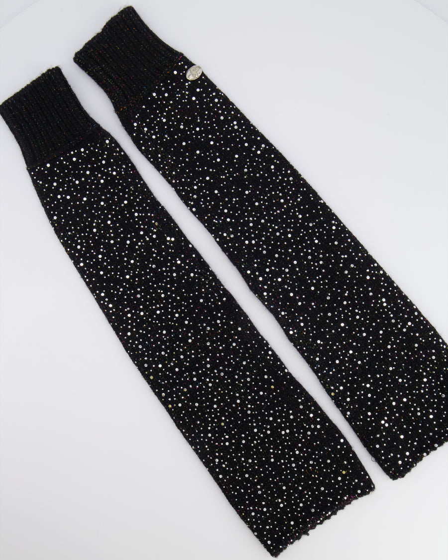 Chanel Black and Multi-Colour Wool Knitted Long Mitten Gloves with Silver Sequin Embellishments Size M