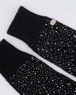 Chanel Black and Multi-Colour Wool Knitted Long Mitten Gloves with Silver Sequin Embellishments Size M