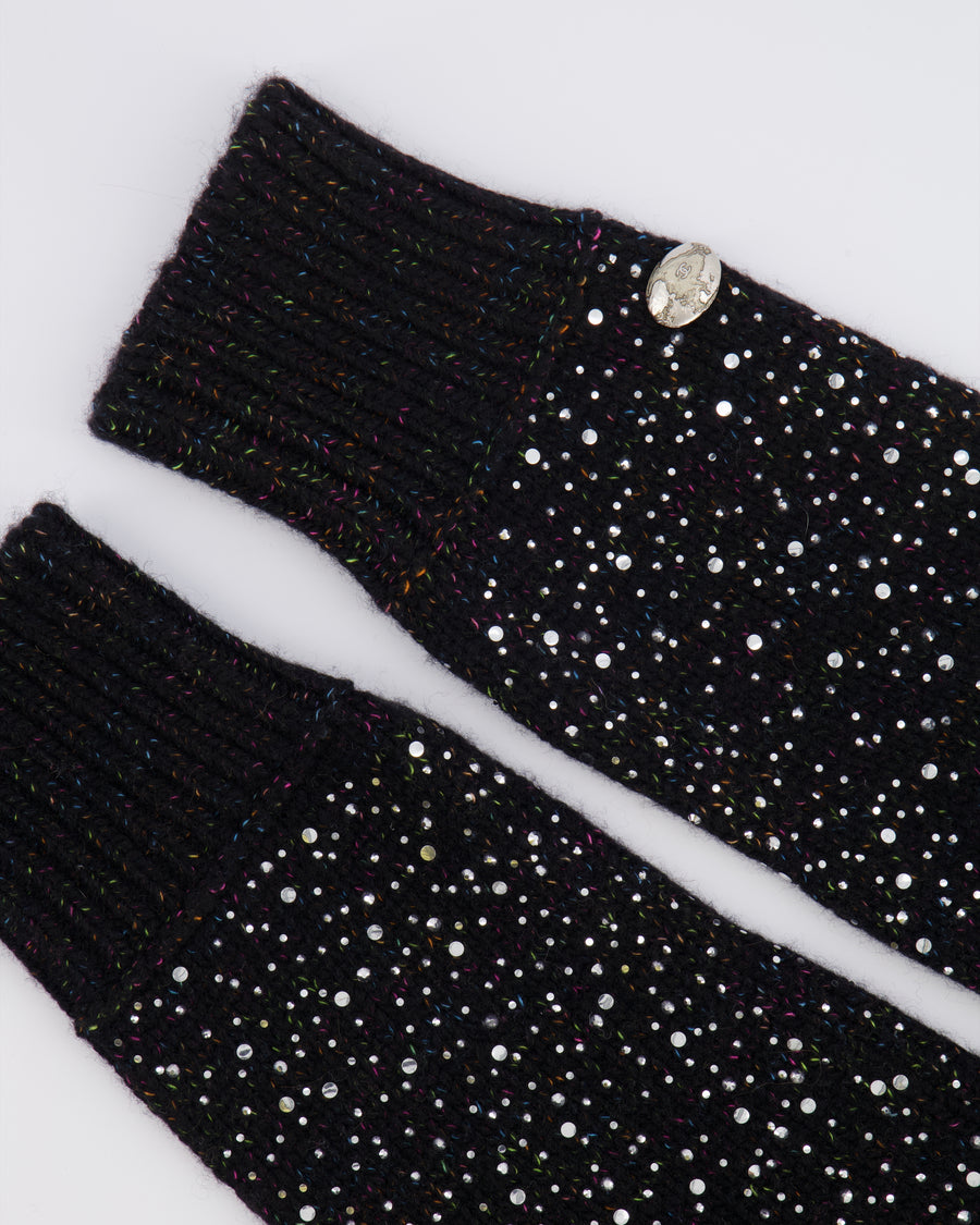 Chanel Black and Multi-Colour Wool Knitted Long Mitten Gloves with Silver Sequin Embellishments Size M