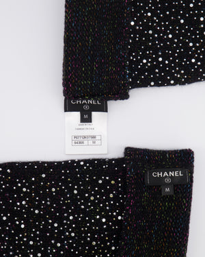 Chanel Black and Multi-Colour Wool Knitted Long Mitten Gloves with Silver Sequin Embellishments Size M