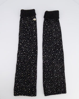 Chanel Black and Multi-Colour Wool Knitted Long Mitten Gloves with Silver Sequin Embellishments Size M