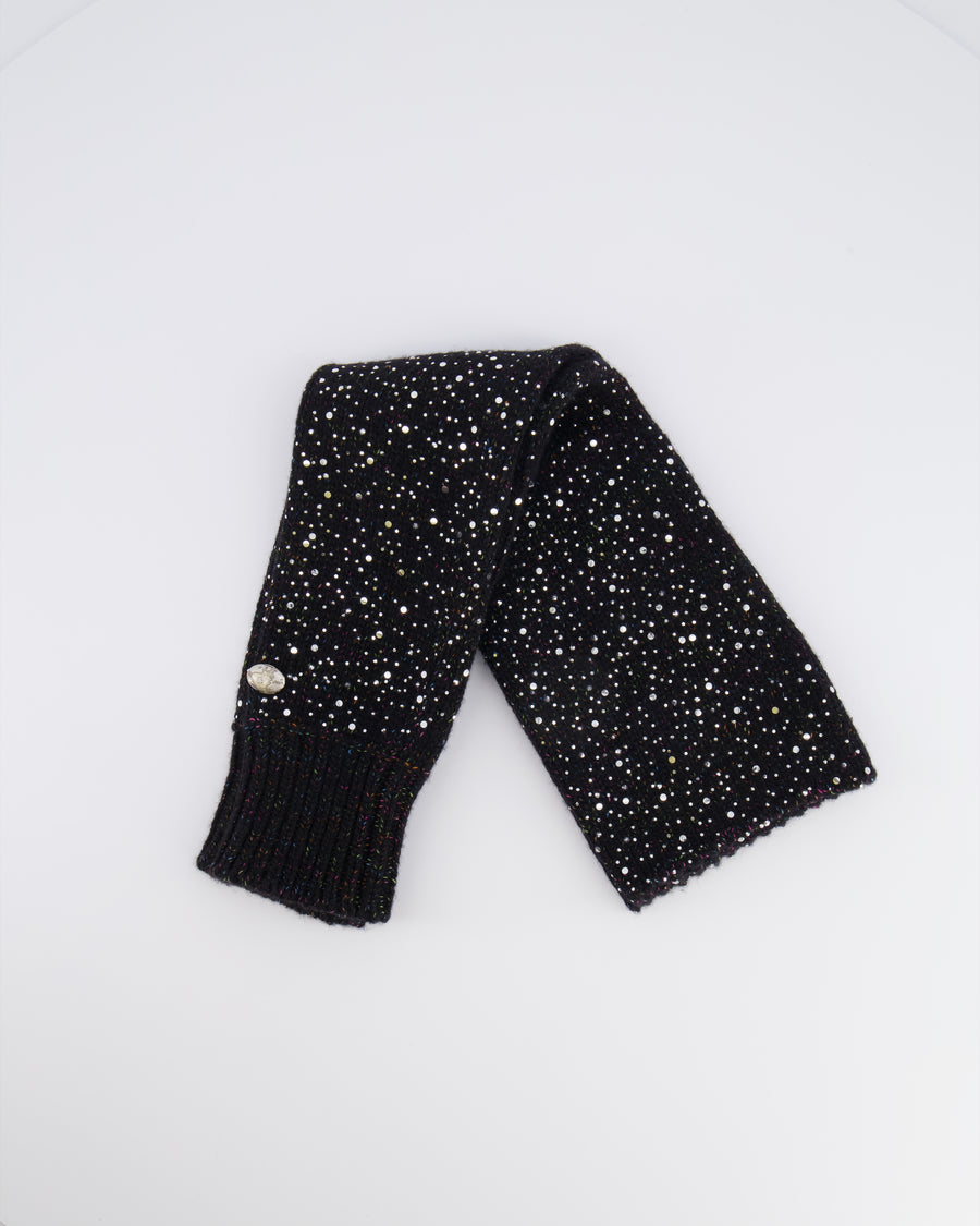 Chanel Black and Multi-Colour Wool Knitted Long Mitten Gloves with Silver Sequin Embellishments Size M